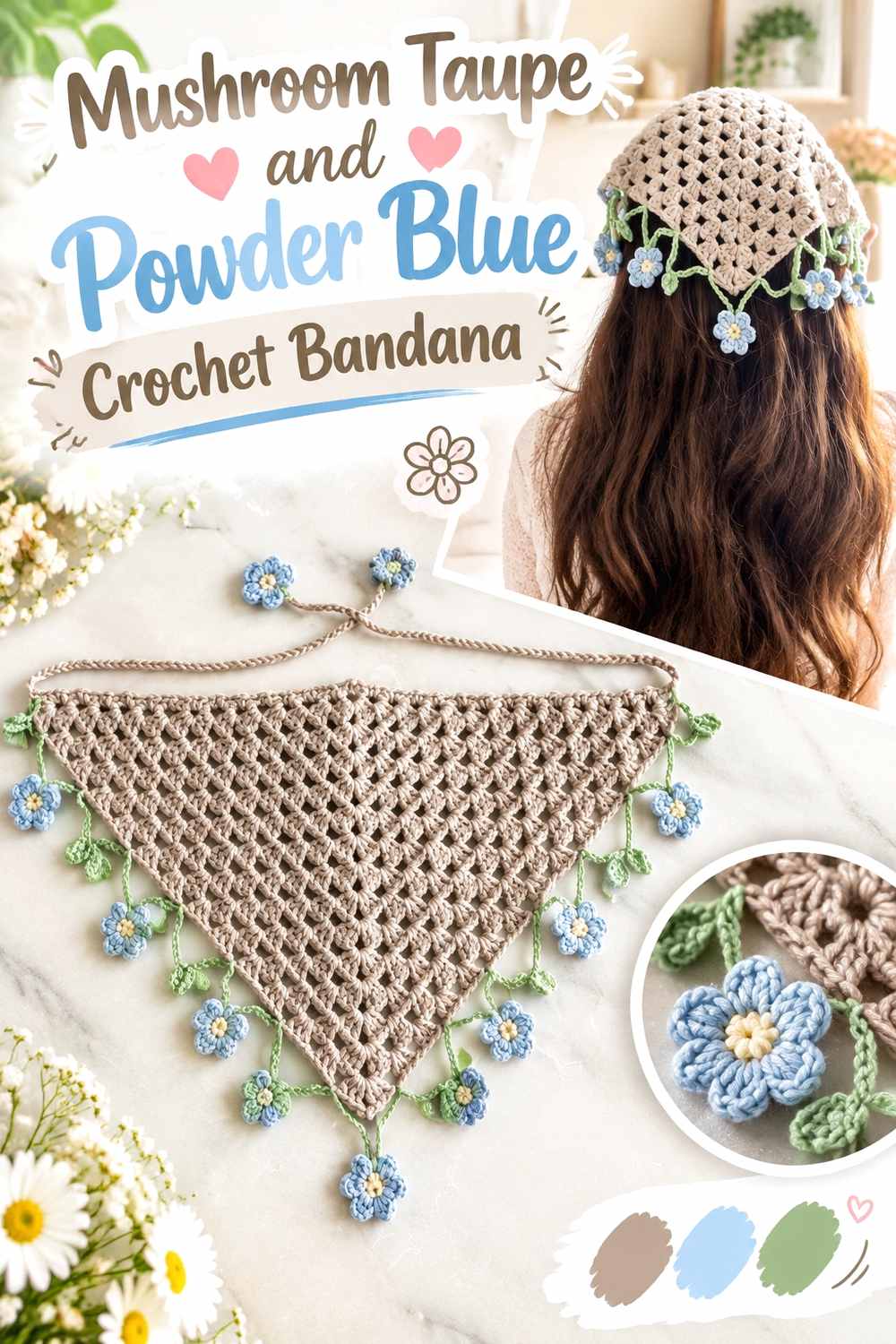 17. Mushroom Taupe And Powder Blue Crochet Bandana