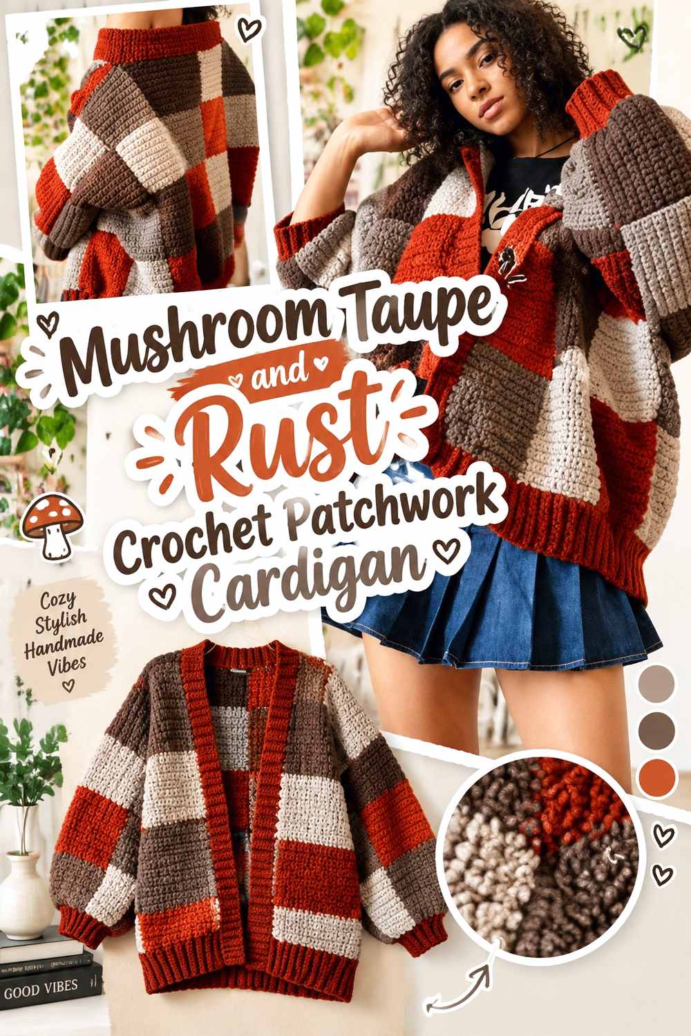 5. Mushroom Taupe And Rust Crochet Patchwork Cardigan