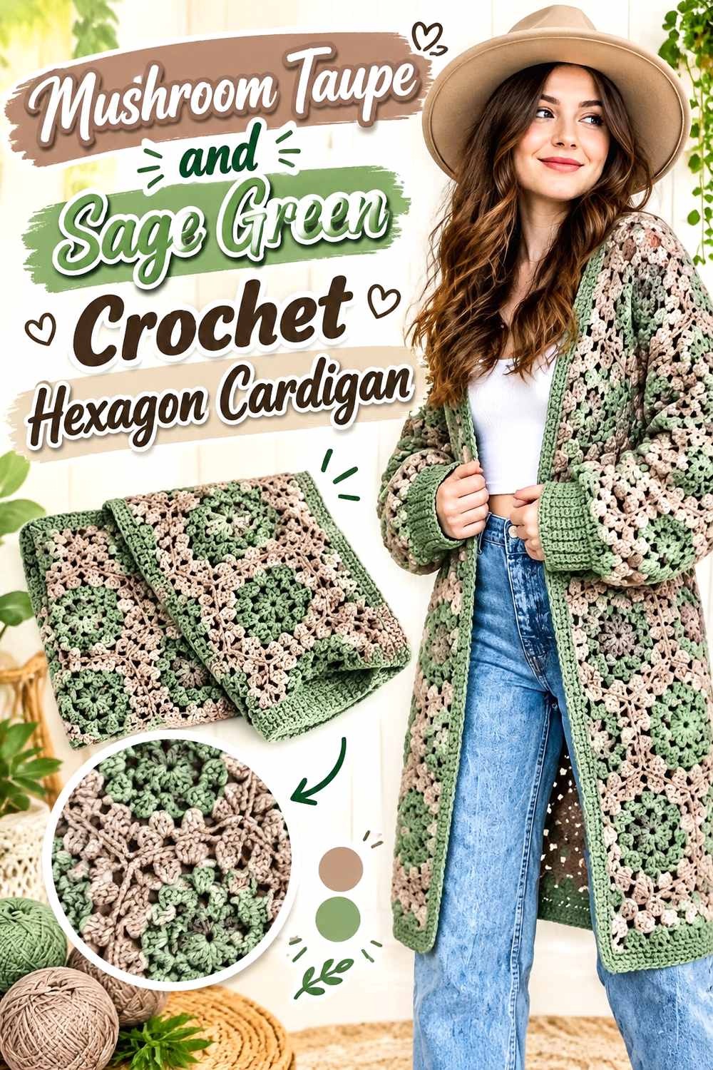 3. Mushroom Taupe And Sage Green Crochet Hexagon Cardigan