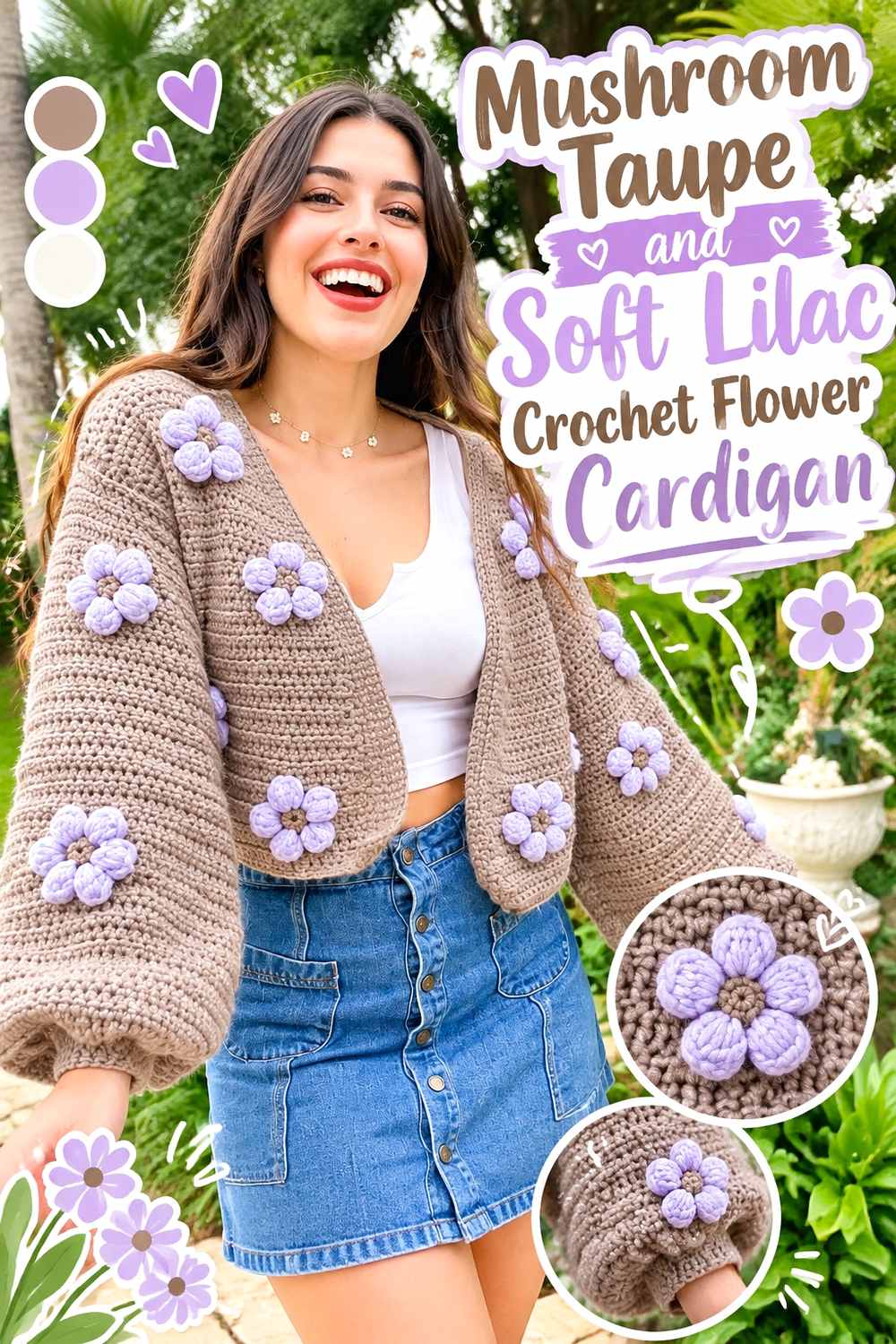 12. Mushroom Taupe And Soft Lilac Crochet Flower Cardigan