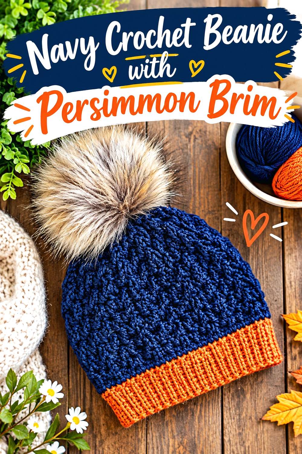Navy Crochet Beanie with Persimmon Brim