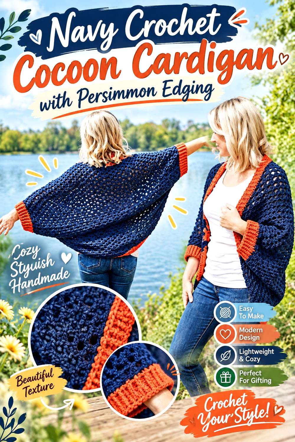 Navy Crochet Cocoon Cardigan with Persimmon Edging