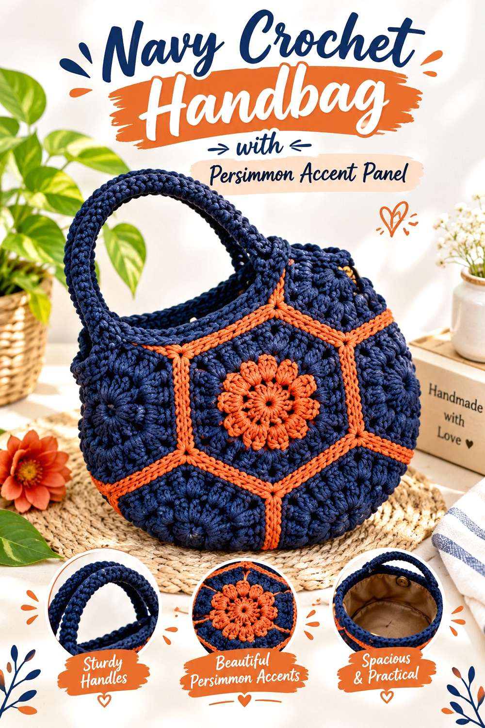 Navy Crochet Handbag with Persimmon Accent Panel