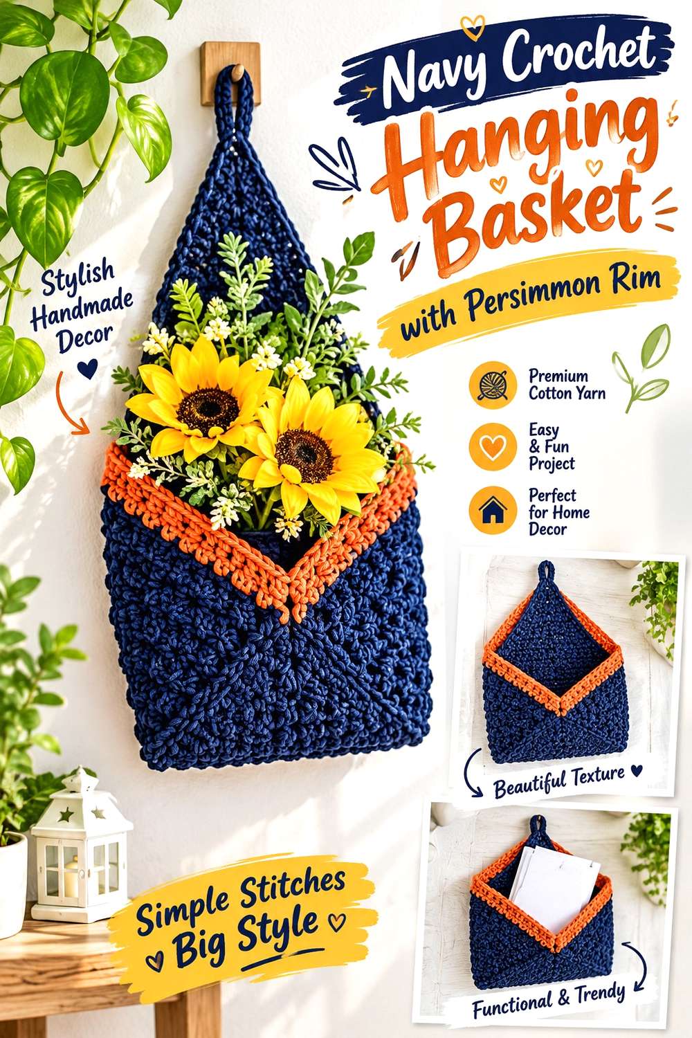 Navy Crochet Hanging Basket with Persimmon Rim