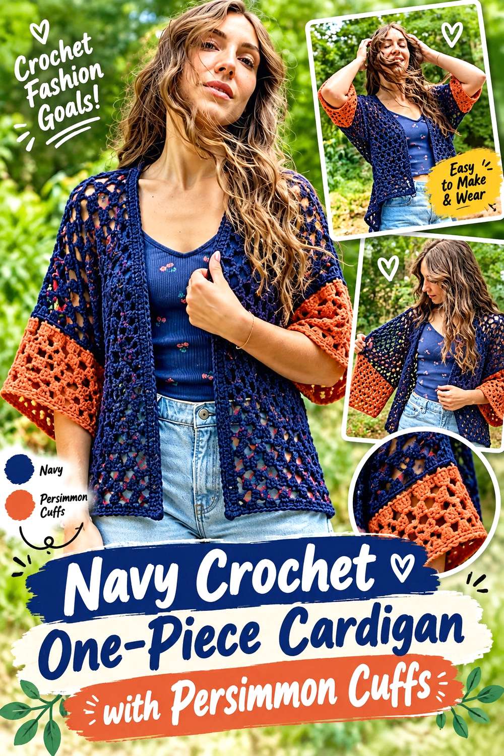 Navy Crochet One-Piece Cardigan with Persimmon Cuffs