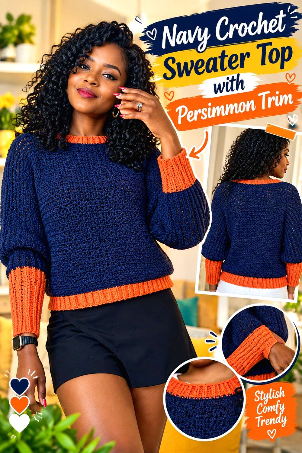 Navy Crochet Sweater Top with Persimmon Trim