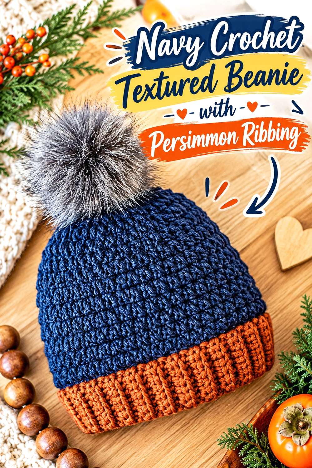 Navy Crochet Textured Beanie with Persimmon Ribbing