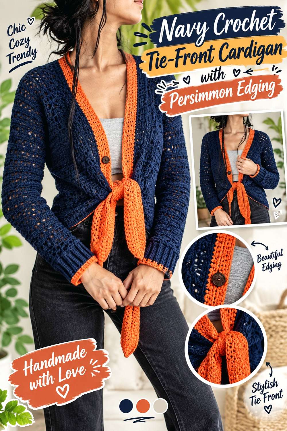 Navy Crochet Tie-Front Cardigan with Persimmon Edging