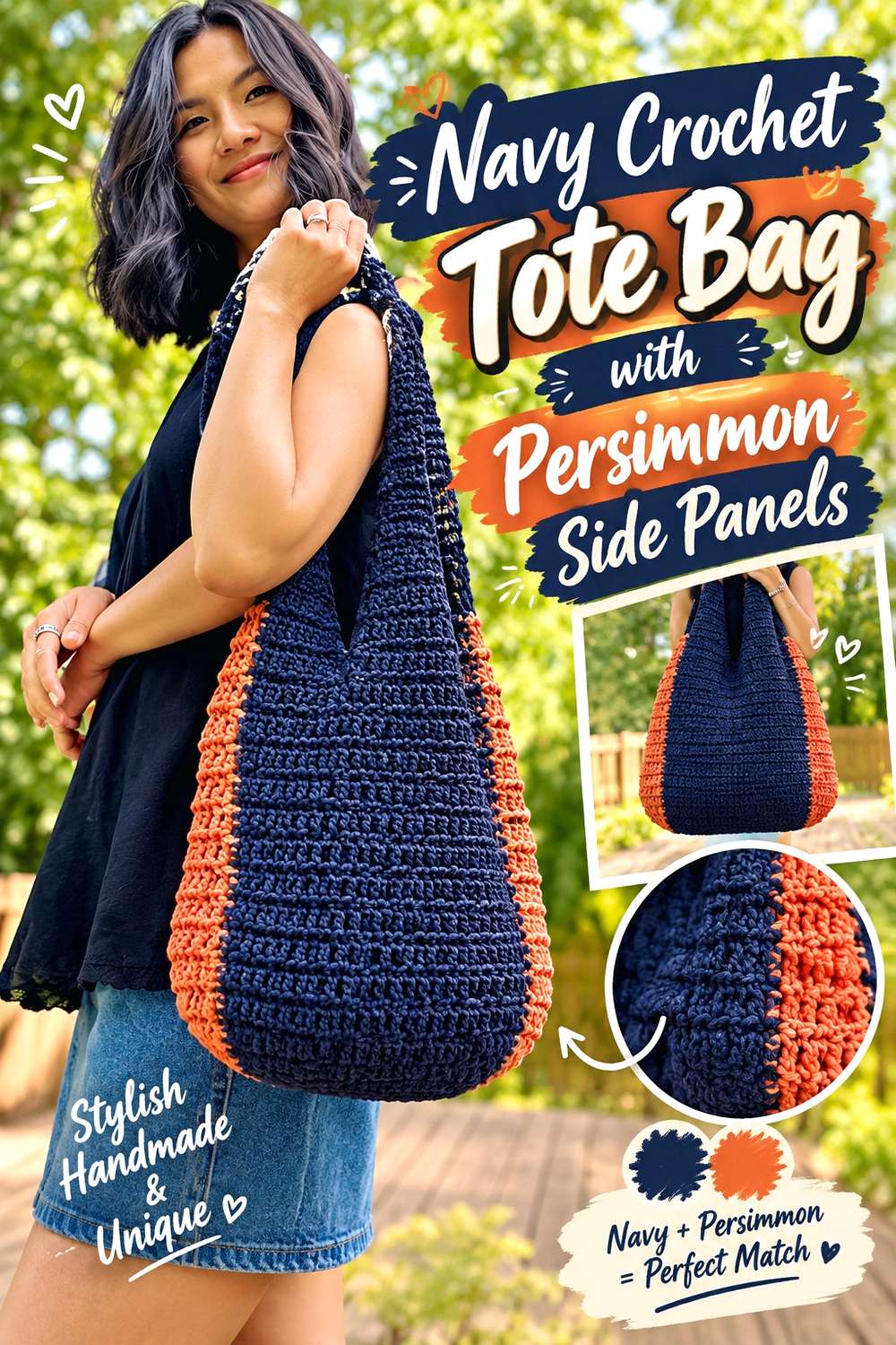 Navy Crochet Tote Bag with Persimmon Side Panels