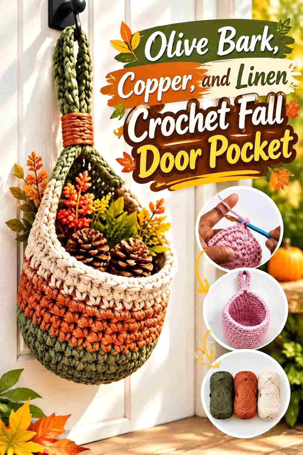 12. Olive Bark Copper And Linen Crochet Fall Door Pocket