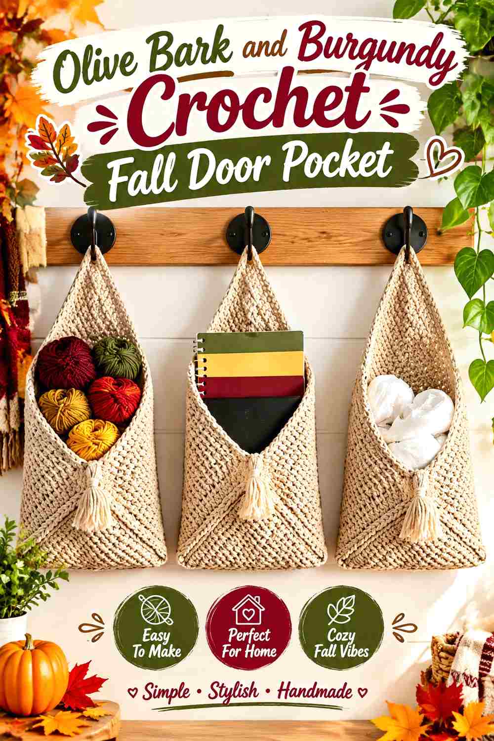 6. Olive Bark And Burgundy Crochet Fall Door Pocket