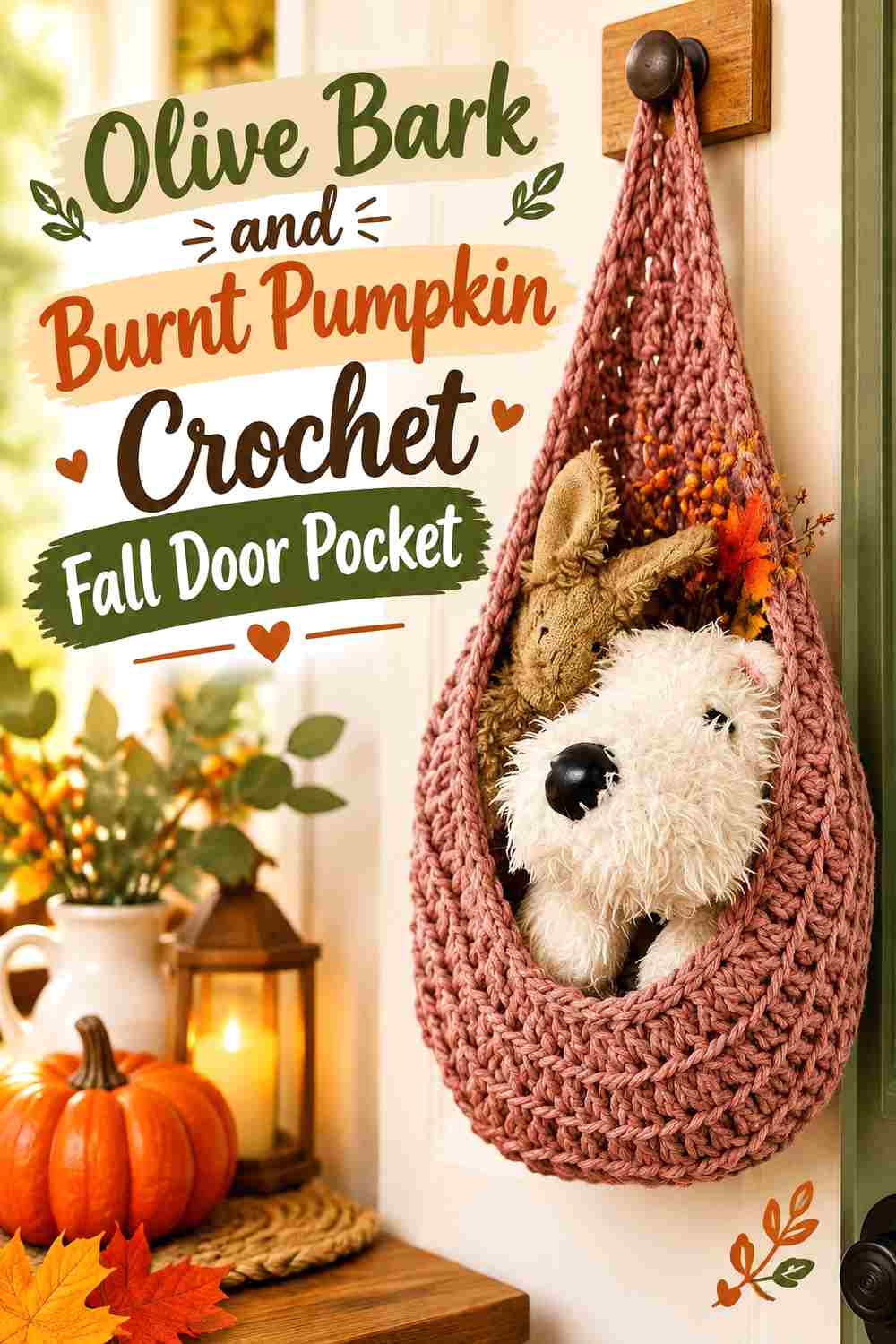 2. Olive Bark And Burnt Pumpkin Crochet Fall Door Pocket