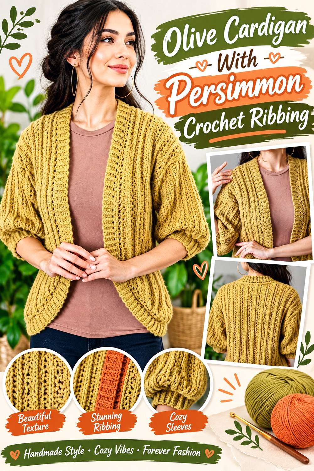 Olive Cardigan With Persimmon Crochet Ribbing
