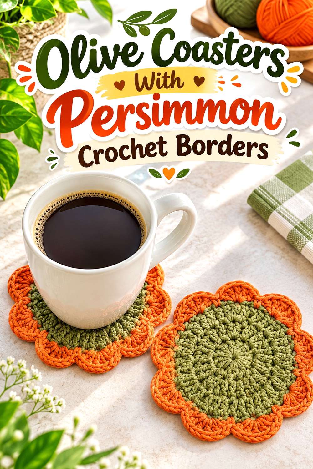 Olive Coasters With Persimmon Crochet Borders