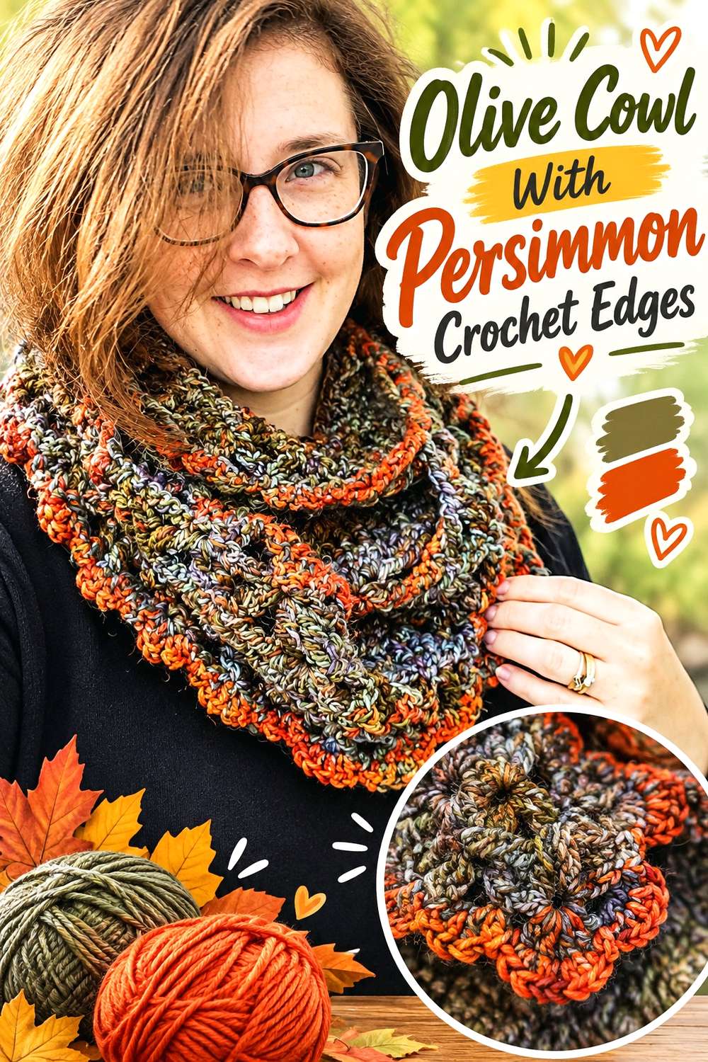 Olive Cowl With Persimmon Crochet Edges
