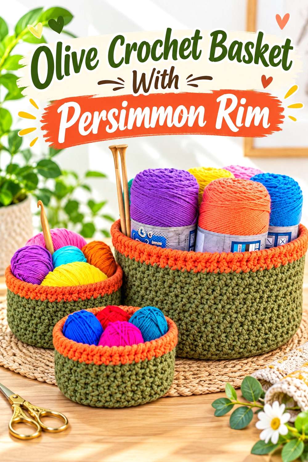 Olive Crochet Basket With Persimmon Rim