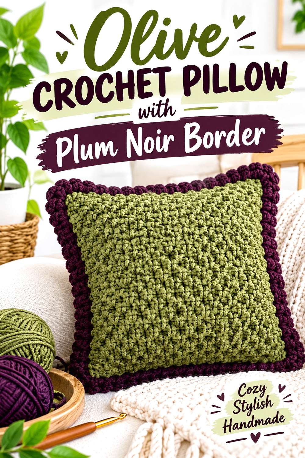 Olive Crochet Pillow with Plum Noir Border