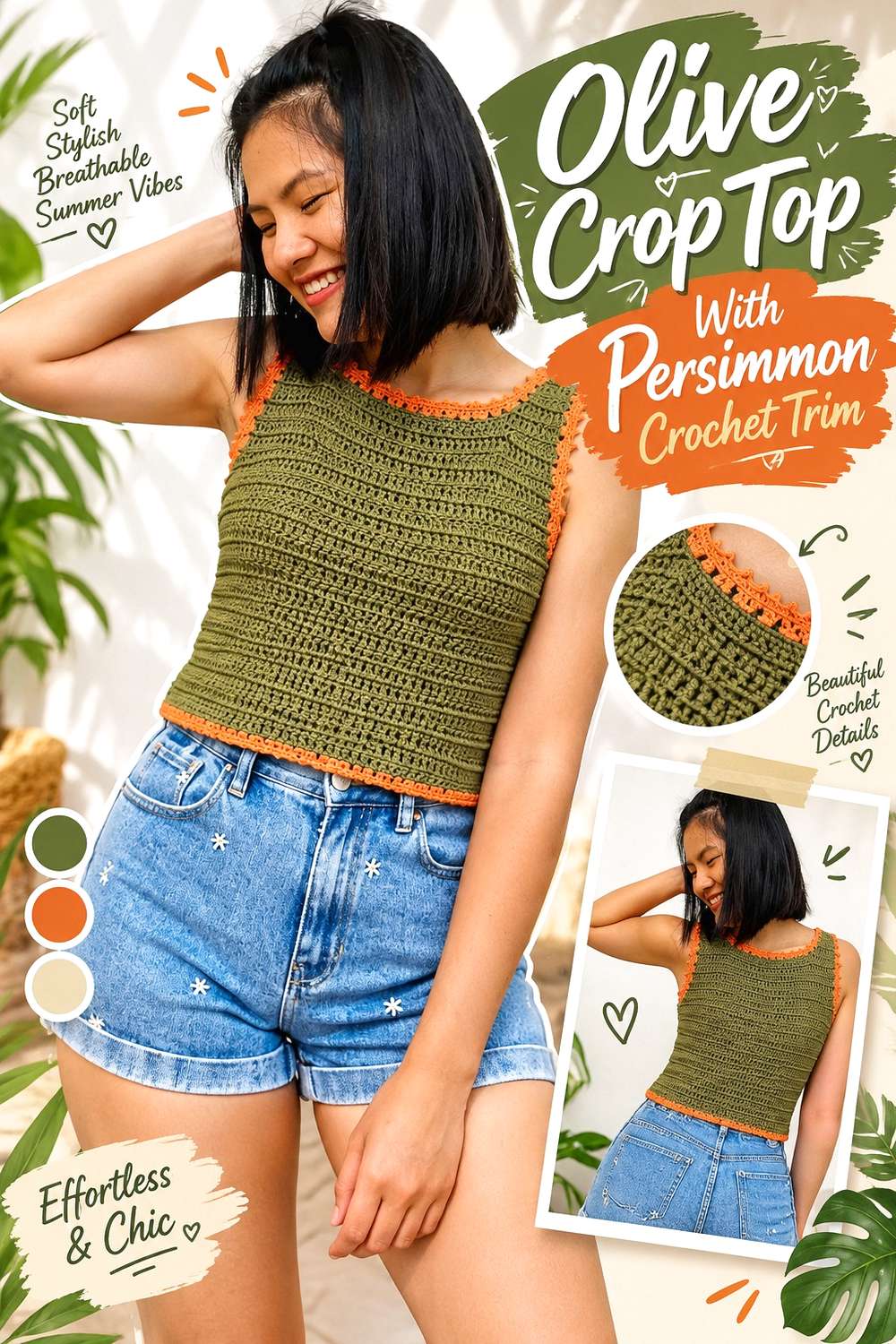 Olive Crop Top With Persimmon Crochet Trim