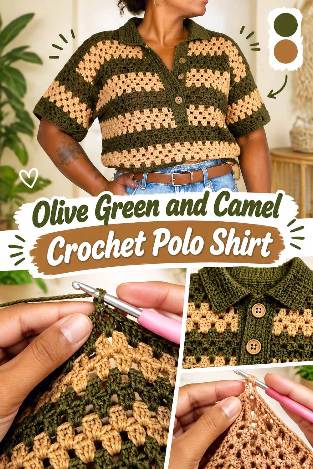 7. Olive Green And Camel Crochet Polo Shirt