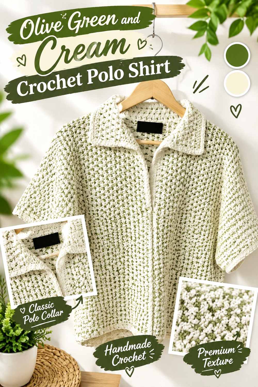 1. Olive Green And Cream Crochet Polo Shirt