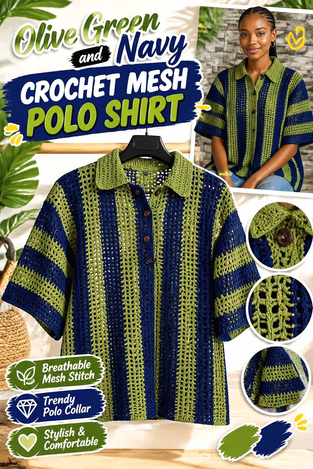 11. Olive Green And Navy Crochet Mesh Polo Shirt
