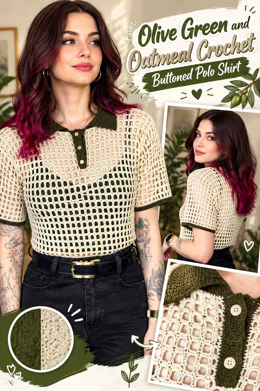 3. Olive Green And Oatmeal Crochet Buttoned Polo Shirt