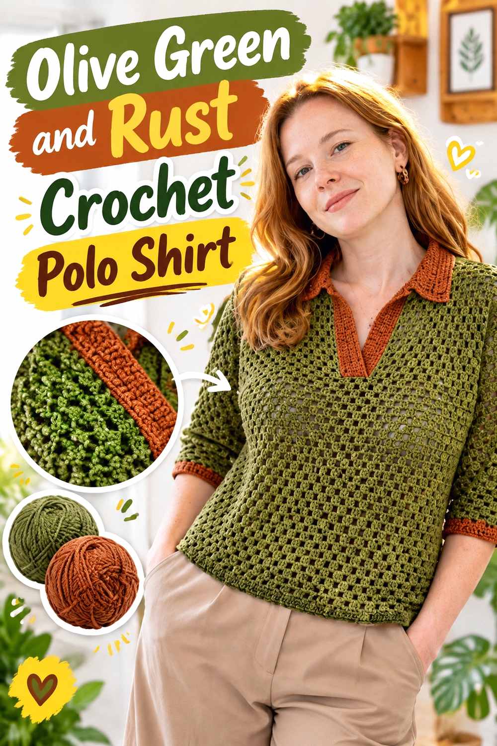 4. Olive Green And Rust Crochet Polo Shirt