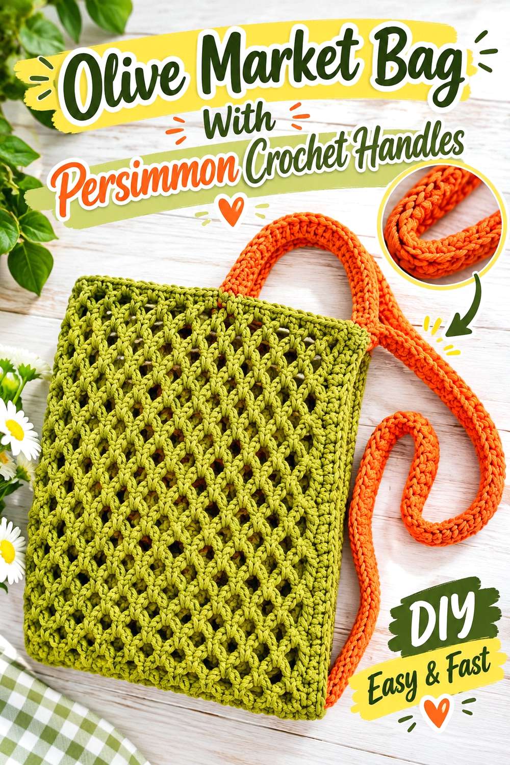 Olive Market Bag With Persimmon Crochet Handles