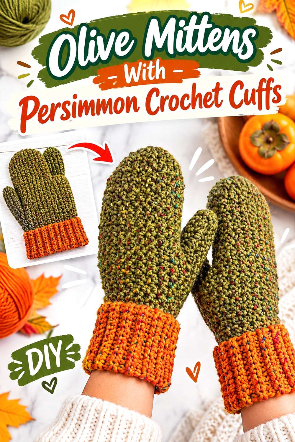 Olive Mittens With Persimmon Crochet Cuffs