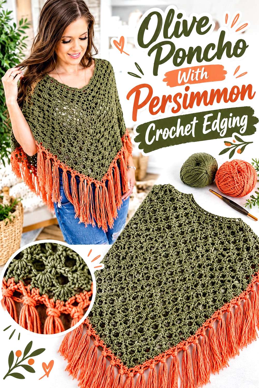 Olive Poncho With Persimmon Crochet Edging