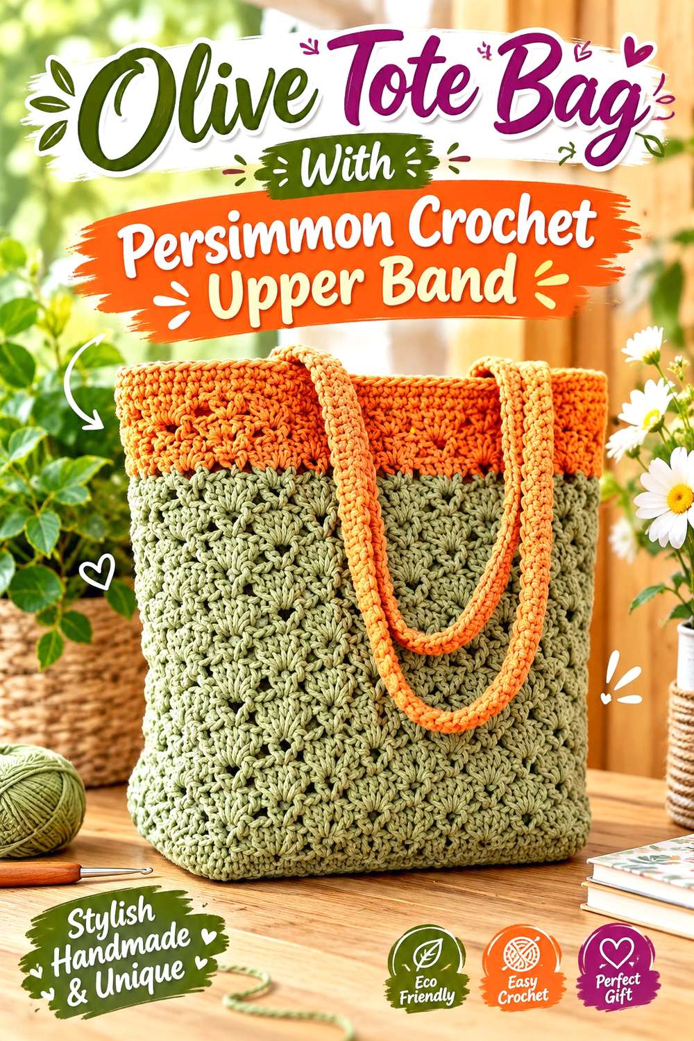 Olive Tote Bag With Persimmon Crochet Upper Band