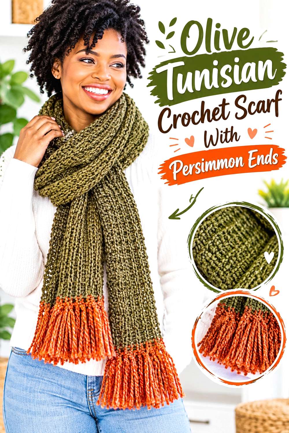 Olive Tunisian Crochet Scarf With Persimmon Ends