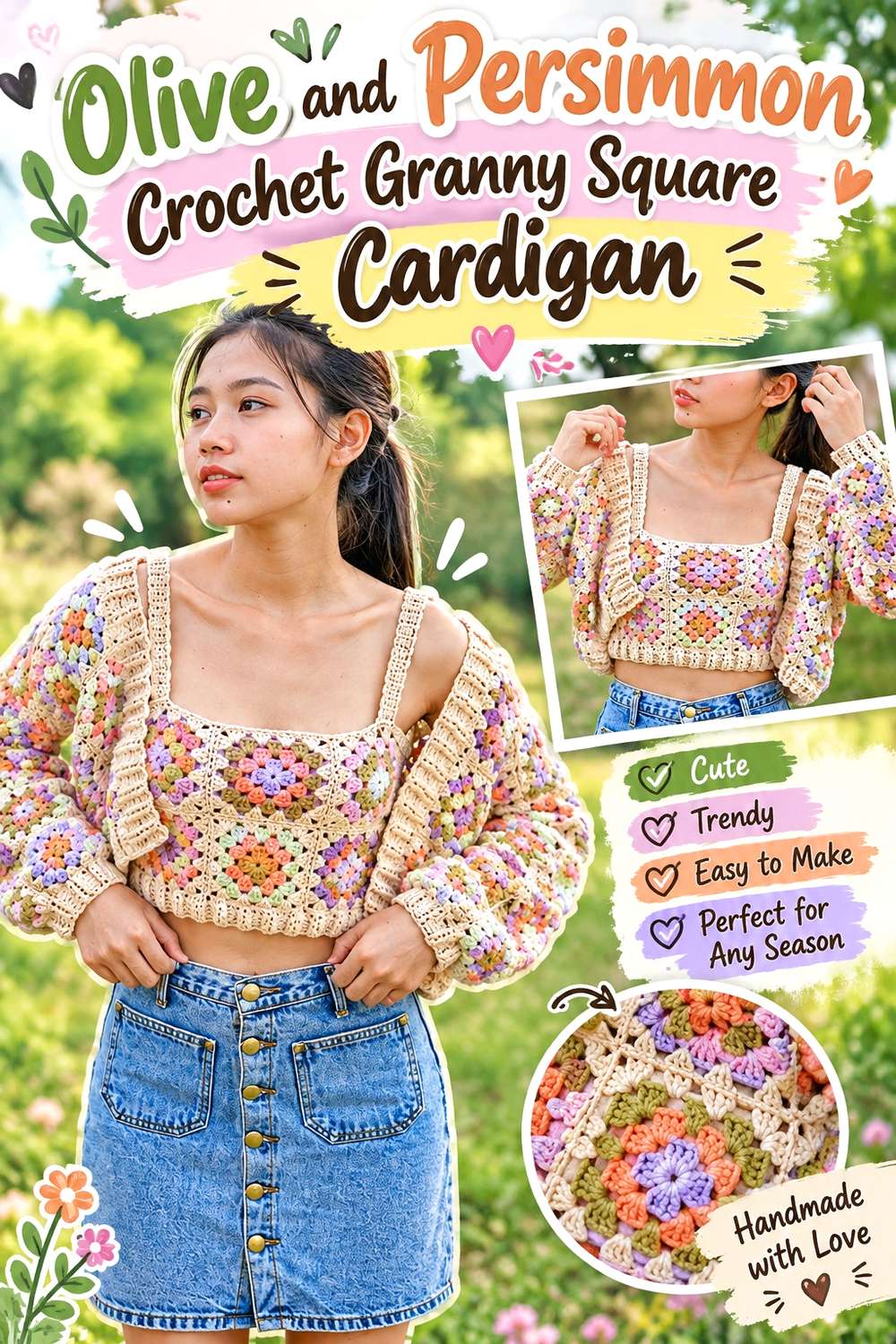 Olive and Persimmon Crochet Granny Square Cardigan