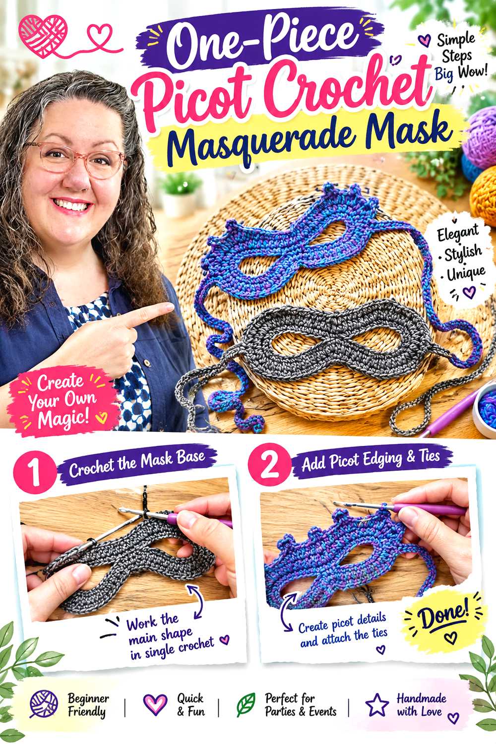 One Piece Picot Crochet Masquerade Mask
