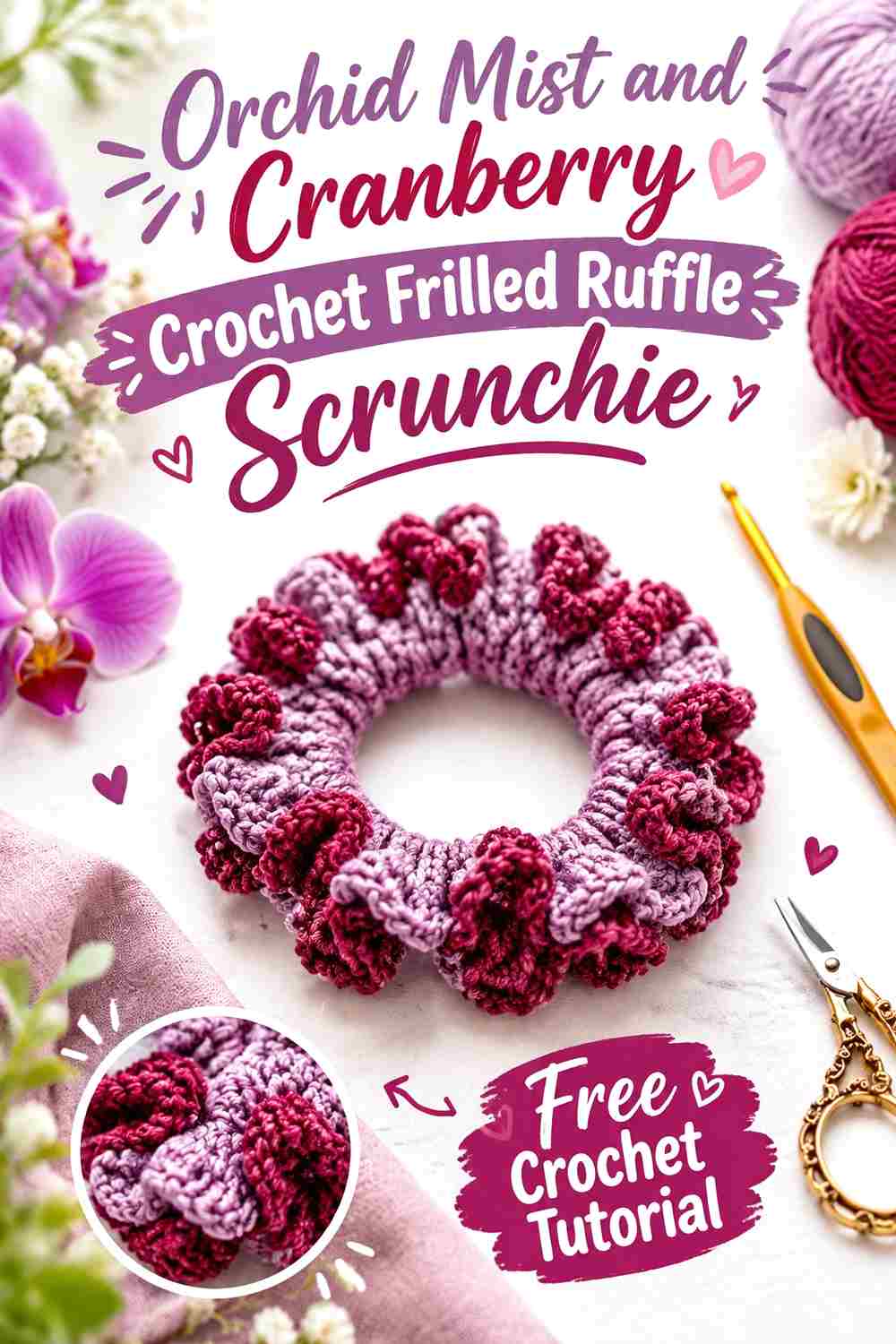 12. Orchid Mist And Cranberry Crochet Frilled Ruffle Scrunchie
