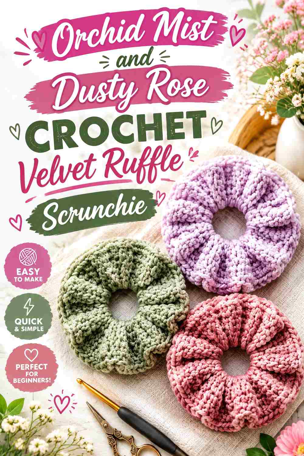 5. Orchid Mist And Dusty Rose Crochet Velvet Ruffle Scrunchie