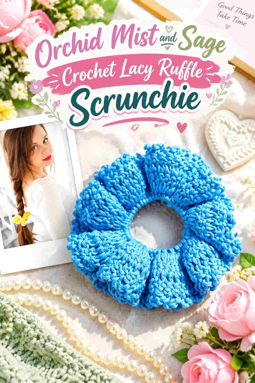 3. Orchid Mist And Sage Crochet Lacy Ruffle Scrunchie