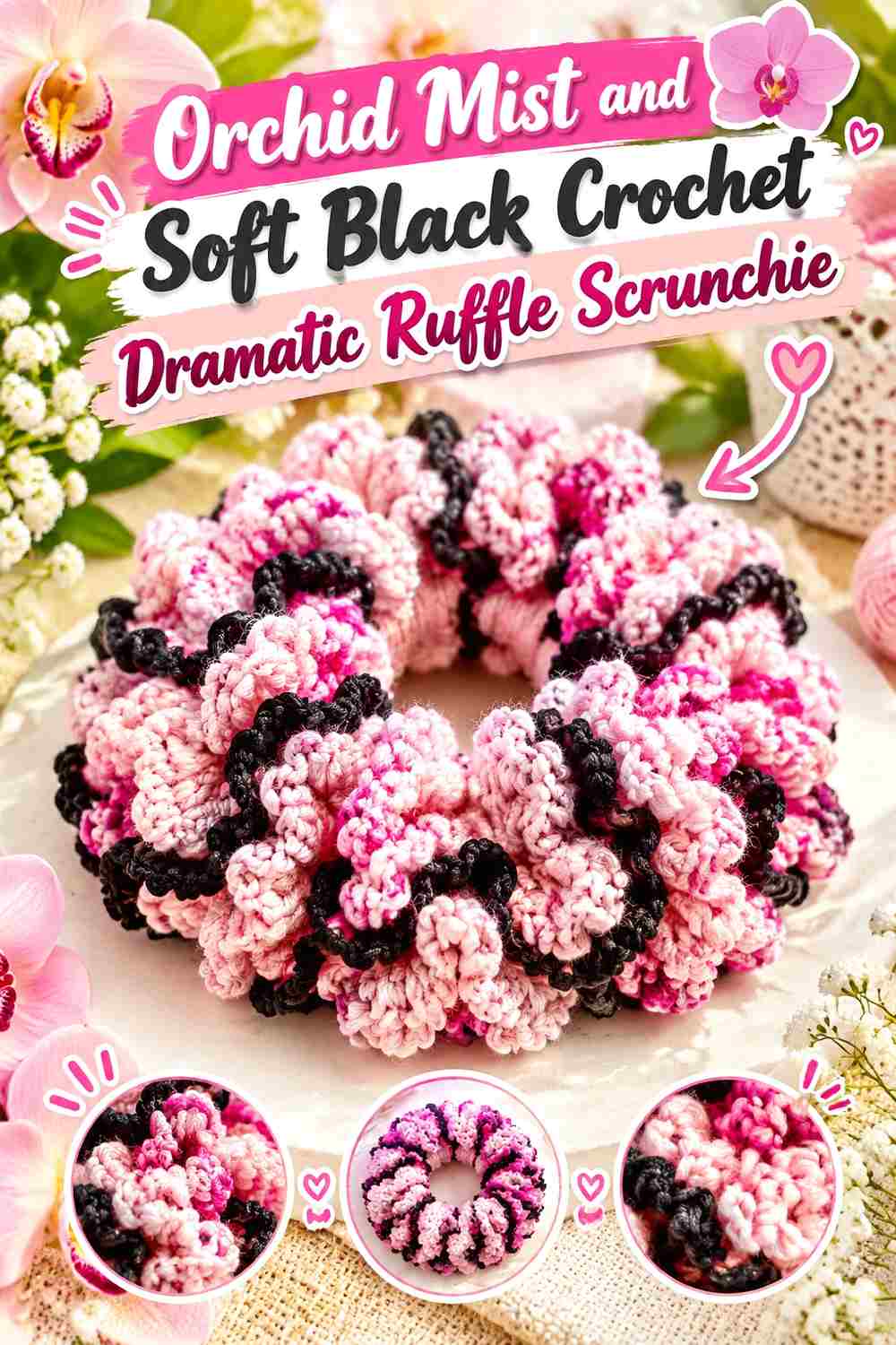8. Orchid Mist And Soft Black Crochet Dramatic Ruffle Scrunchie