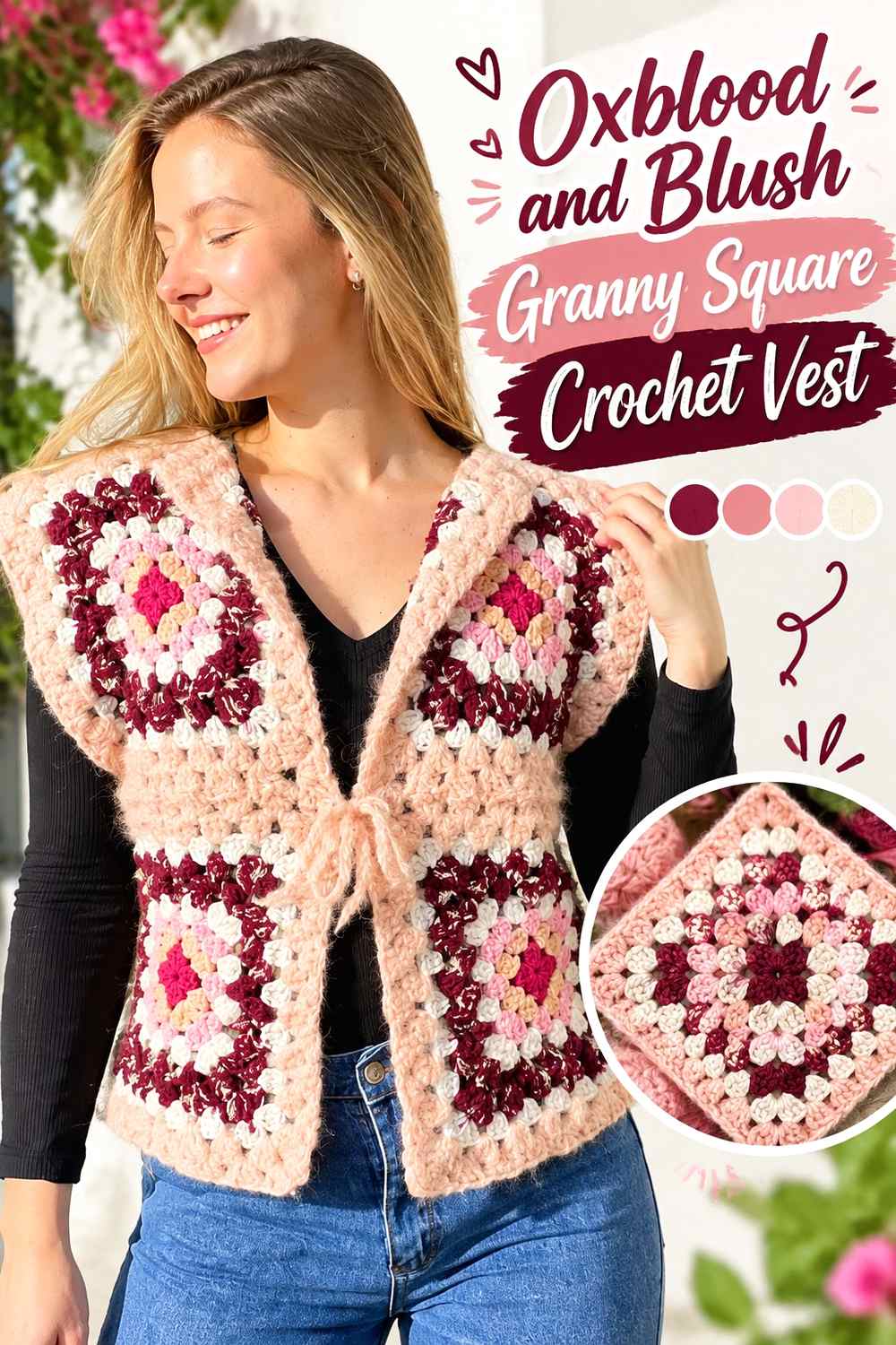 15. Oxblood And Blush Granny Square Crochet Vest