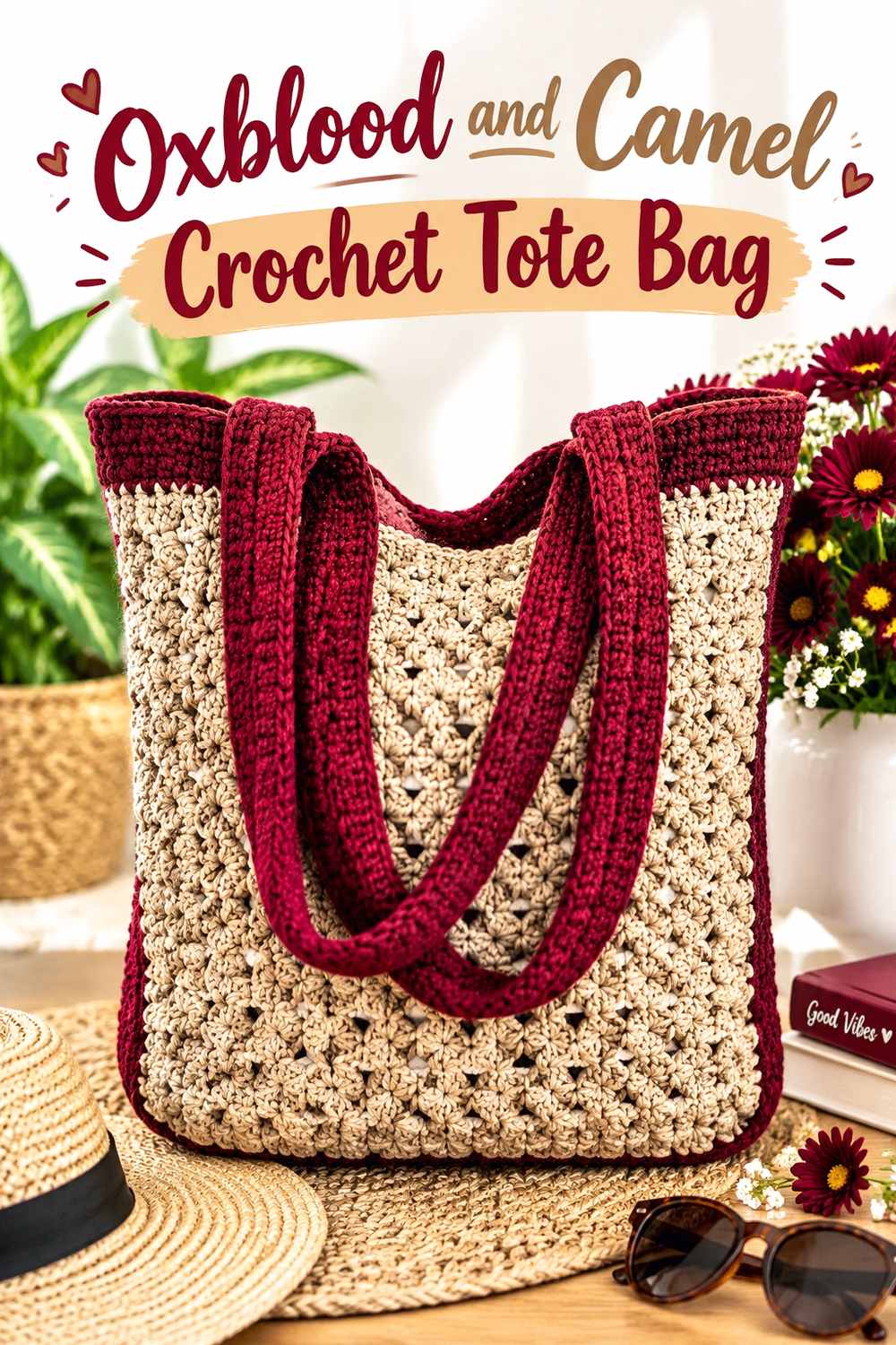 2. Oxblood And Camel Crochet Tote Bag