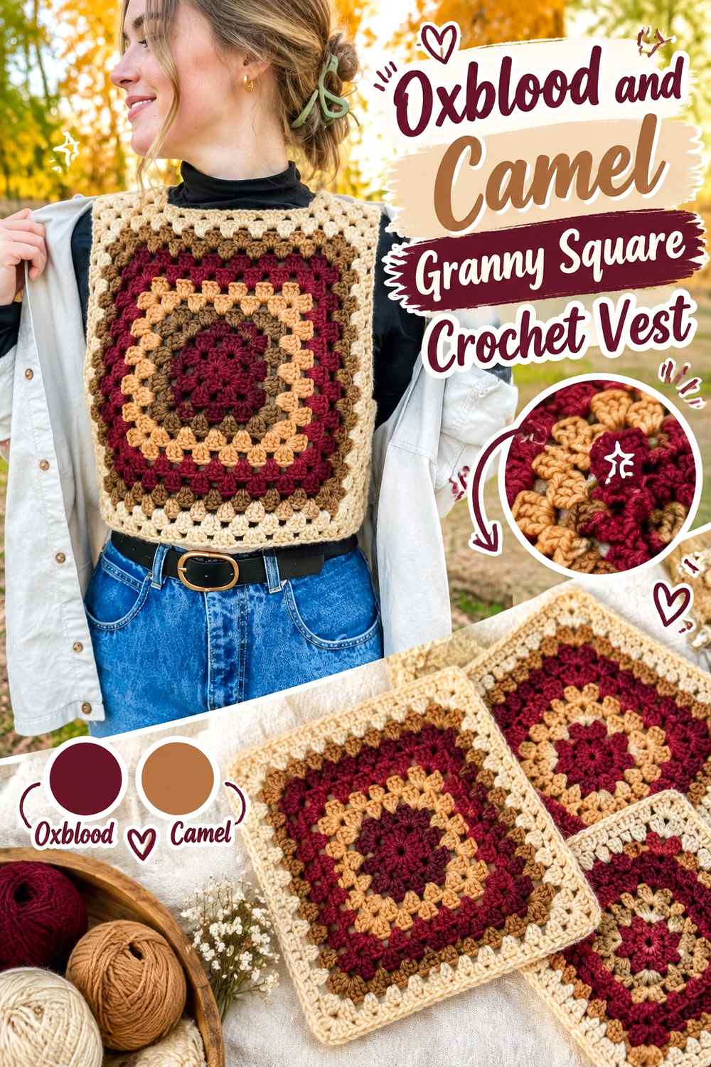 4. Oxblood And Camel Granny Square Crochet Vest