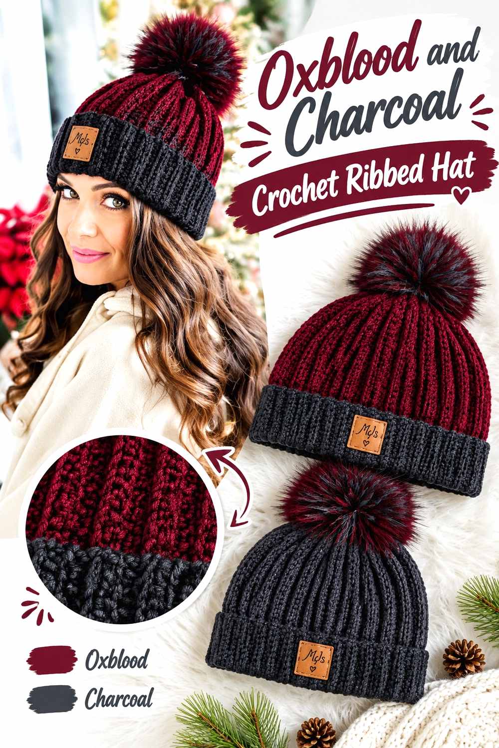 7. Oxblood And Charcoal Crochet Ribbed Hat