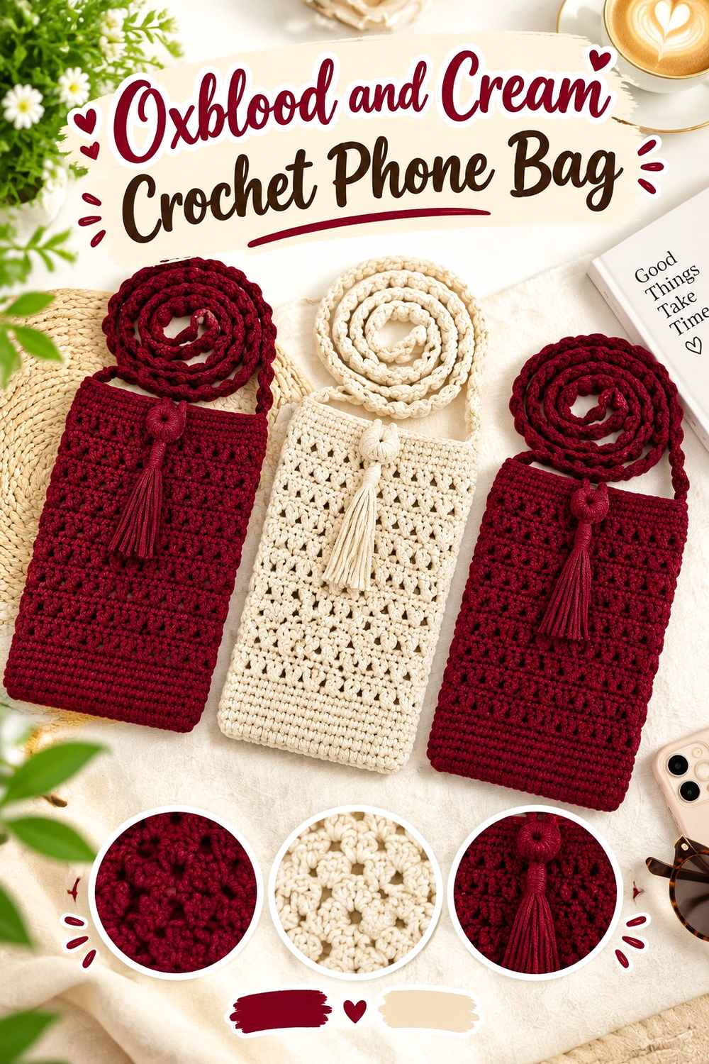 16. Oxblood And Cream Crochet Phone Bag