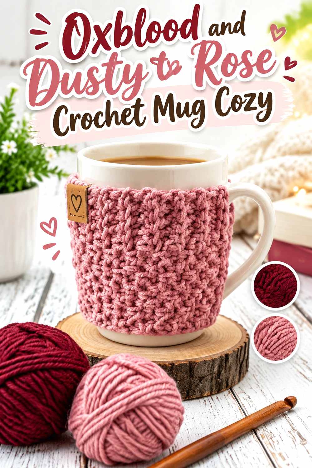 18. Oxblood And Dusty Rose Crochet Mug Cozy
