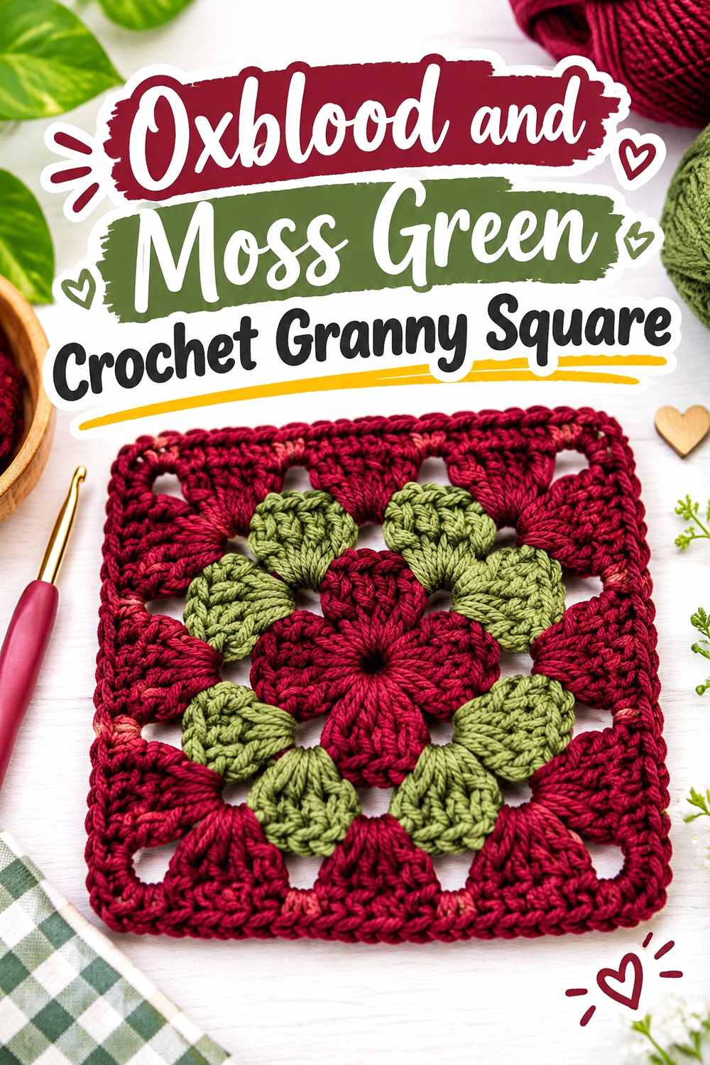 15. Oxblood And Moss Green Crochet Granny Square