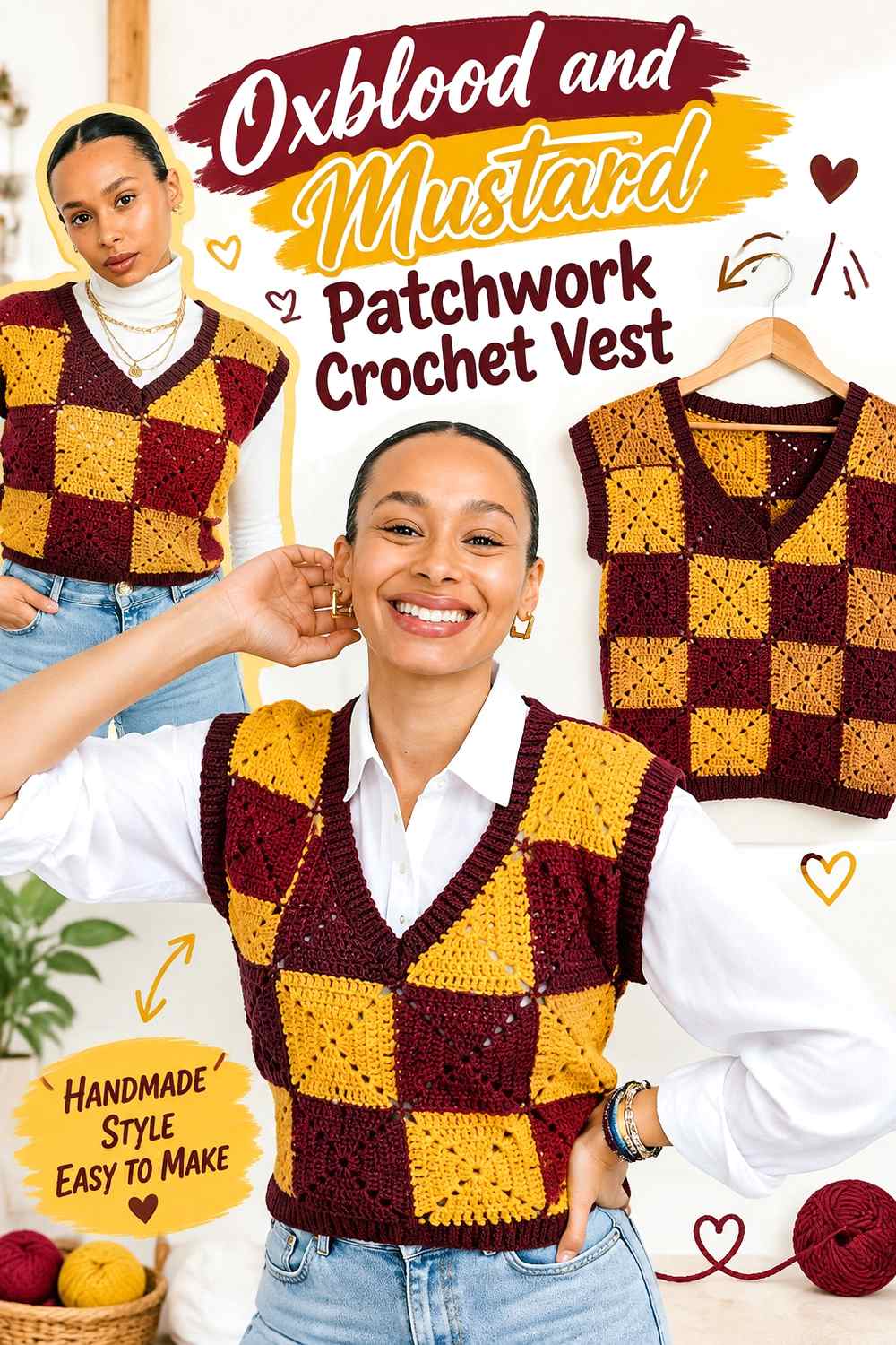 13. Oxblood And Mustard Patchwork Crochet Vest