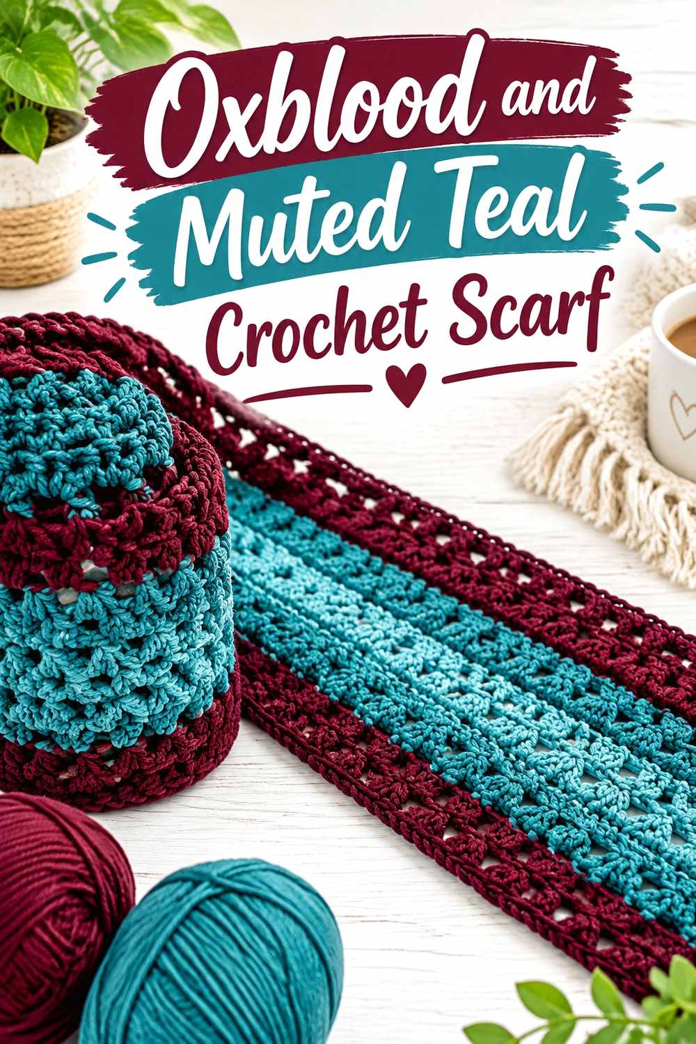 6. Oxblood And Muted Teal Crochet Scarf