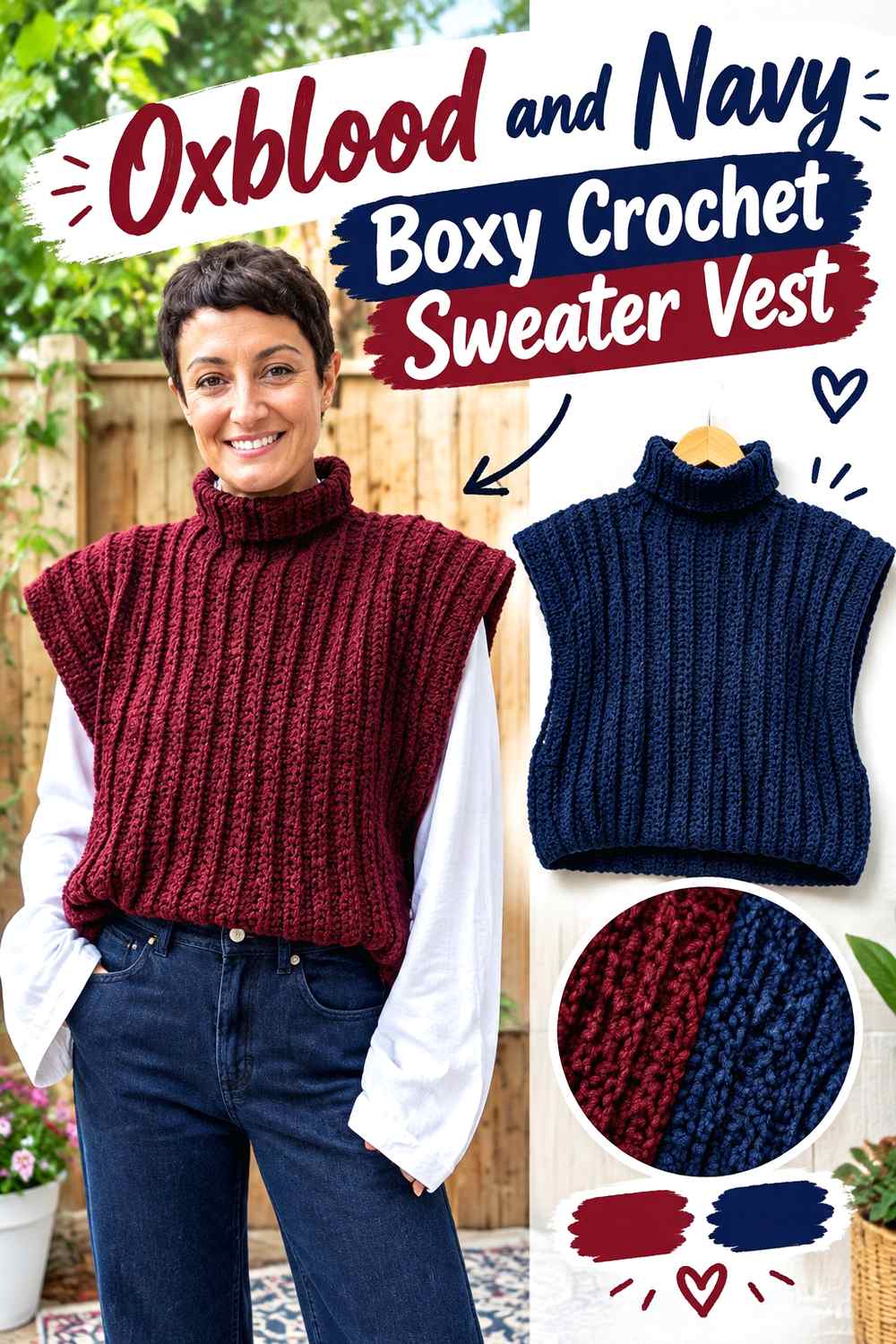 7. Oxblood And Navy Boxy Crochet Sweater Vest