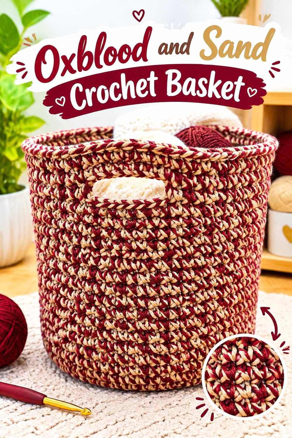 14. Oxblood And Sand Crochet Basket
