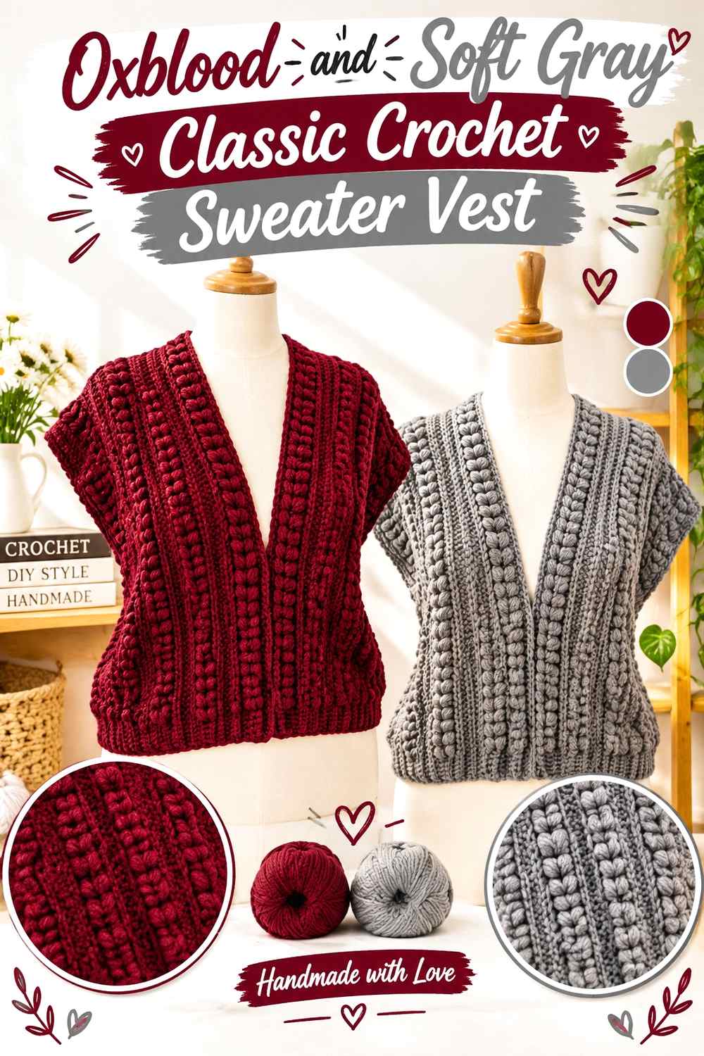 11. Oxblood And Soft Gray Classic Crochet Sweater Vest